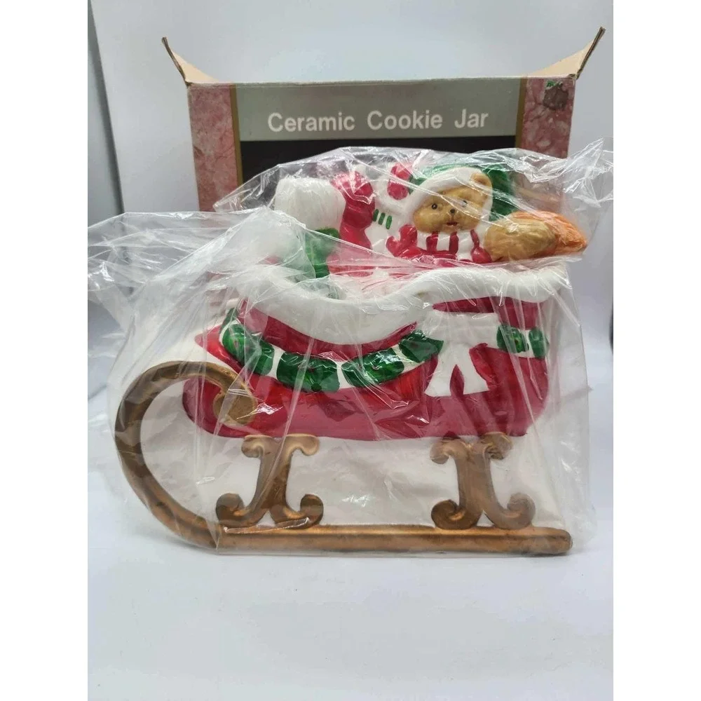 Vintage Christmas Ceramic Cookie Jar Santa Sleigh Animals cat bear